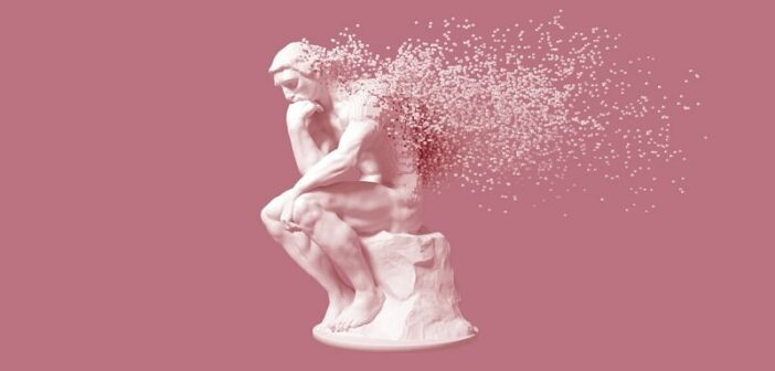 Ilustración en 3D de El pensador de Rodin desintegrándose: una metáfora para cambiar la forma de pensar