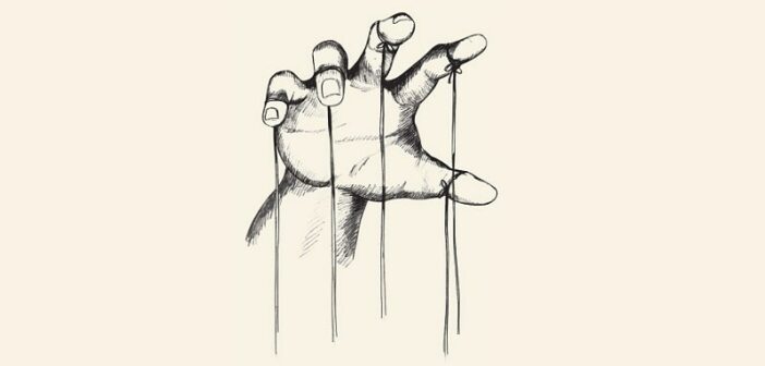 Dibujo de una mano con hilos de marioneta saliendo de cada dedo - ilustrando el concepto de problemas de control