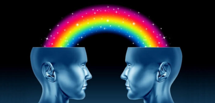ilustración de dos cabezas con arco iris entre ellas para mostrar espíritus afines