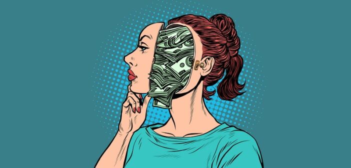 arte pop de mujer pensando en dinero